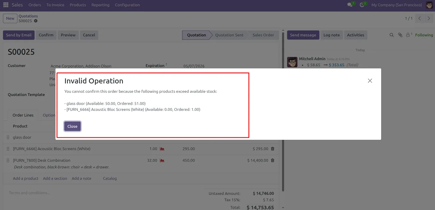 Odoo blocking sales order confirmation for an out-of-stock product
