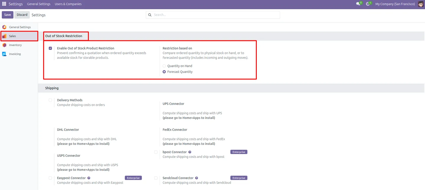 Configuring out-of-stock restriction by forecast quantity in Odoo Sales settings
