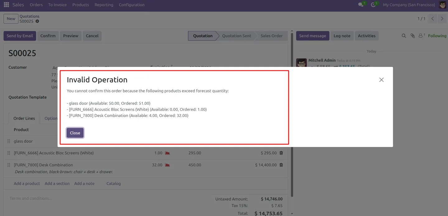 Odoo blocking a sales order confirmation based on forecast quantity validation