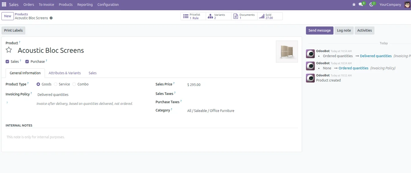 Pricelist price table shown on an Odoo product form