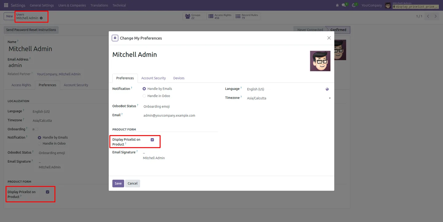 User preference to display pricelist prices on Odoo products