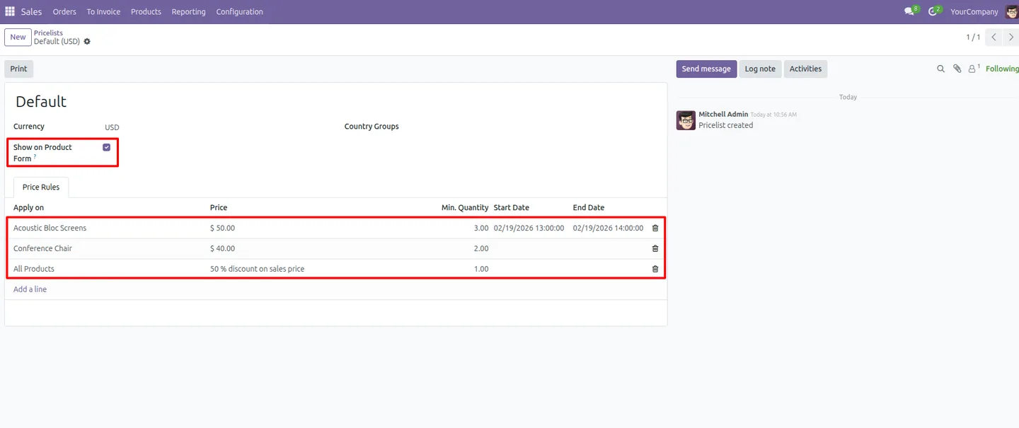 Pricelist Show on Product Form setting in Odoo configuration