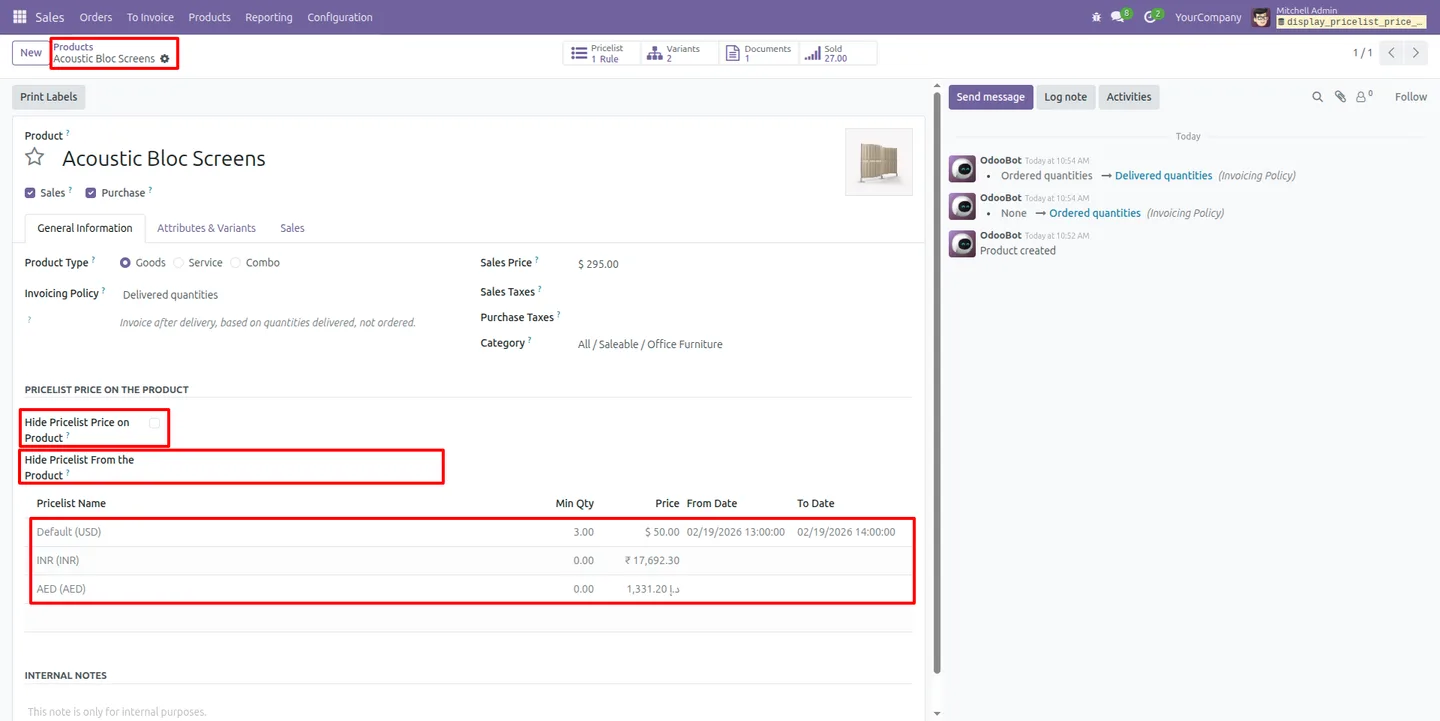 Consolidated pricelist prices with minimum quantities on an Odoo product