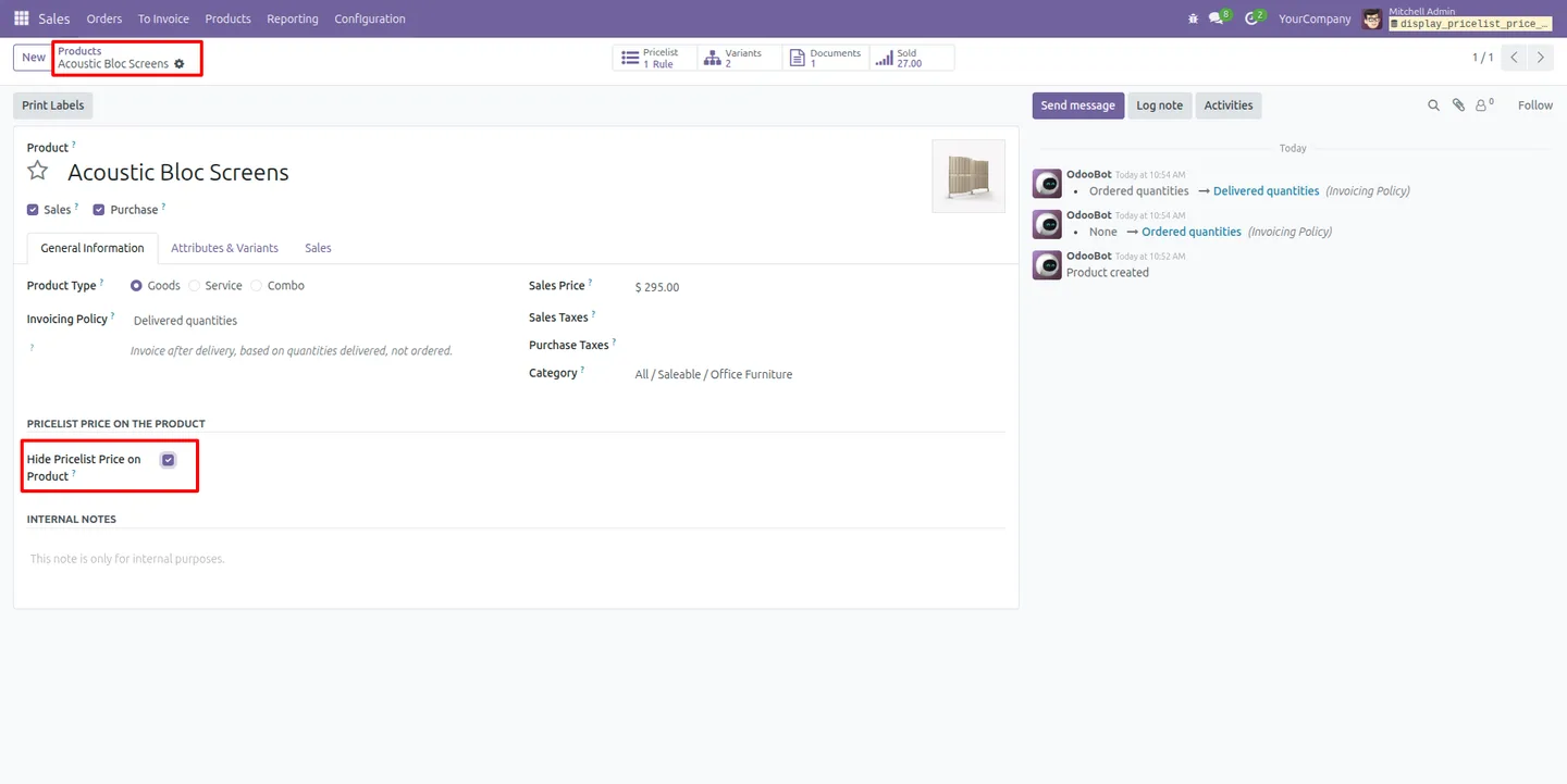 Hide Pricelist Price on Product option on an Odoo product form