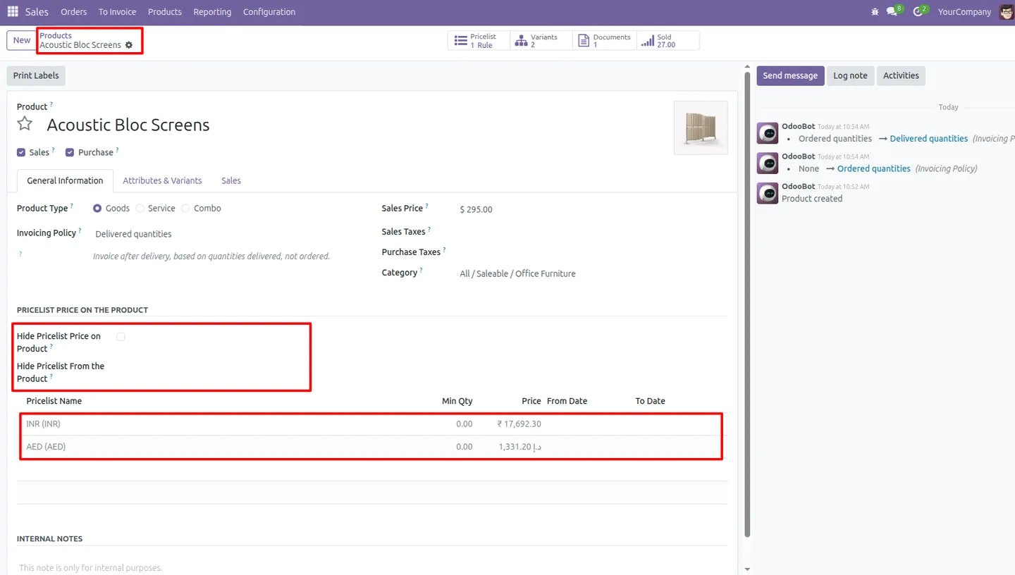 Pricelist price table with start and end dates on an Odoo product