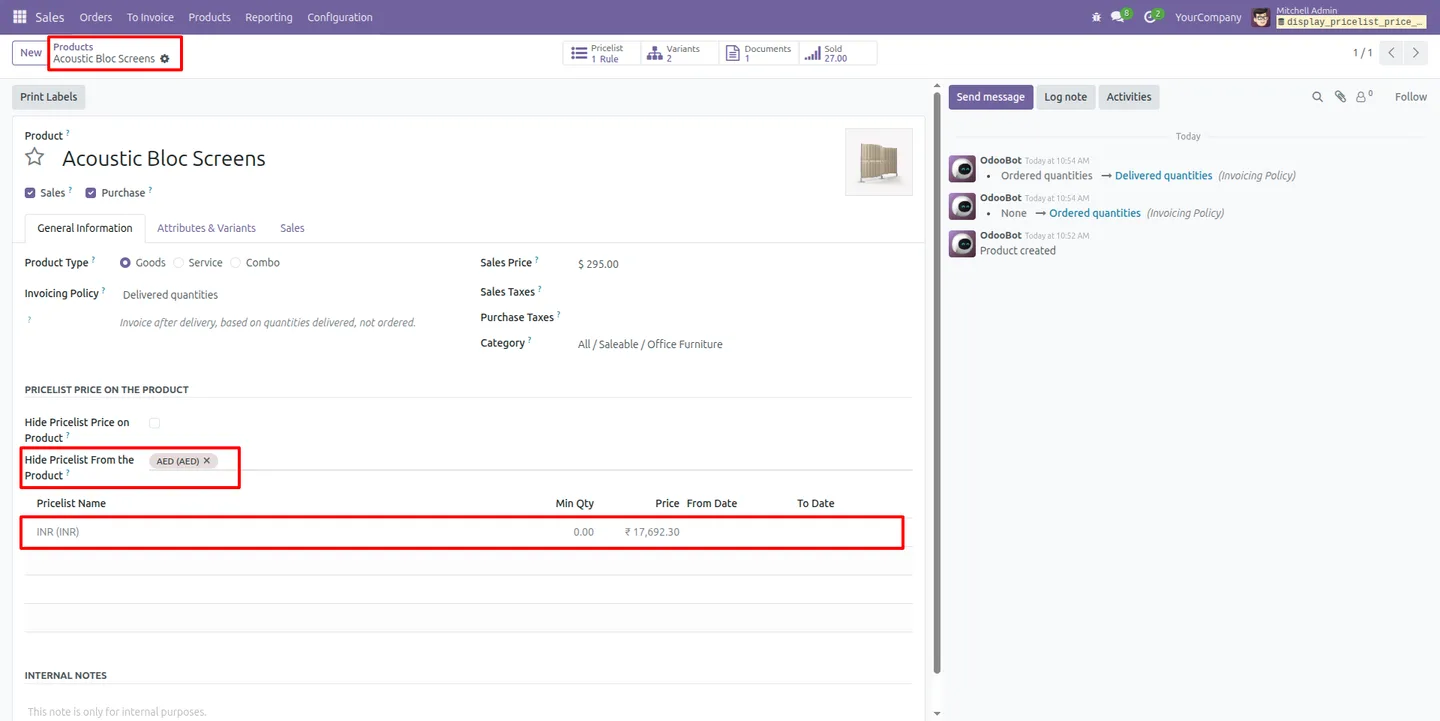 Pricelist prices displayed on an Odoo product variant