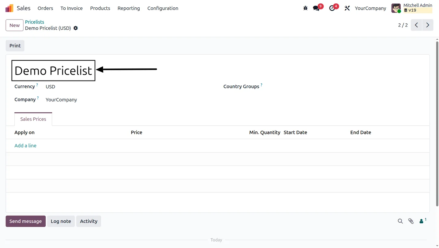 List of product pricelists configured in Odoo Sales