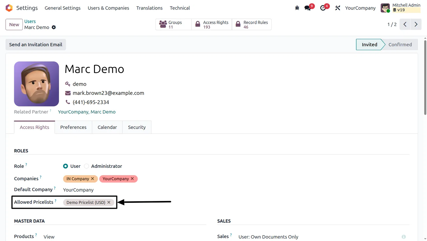 Assigning allowed pricelists to an Odoo user record