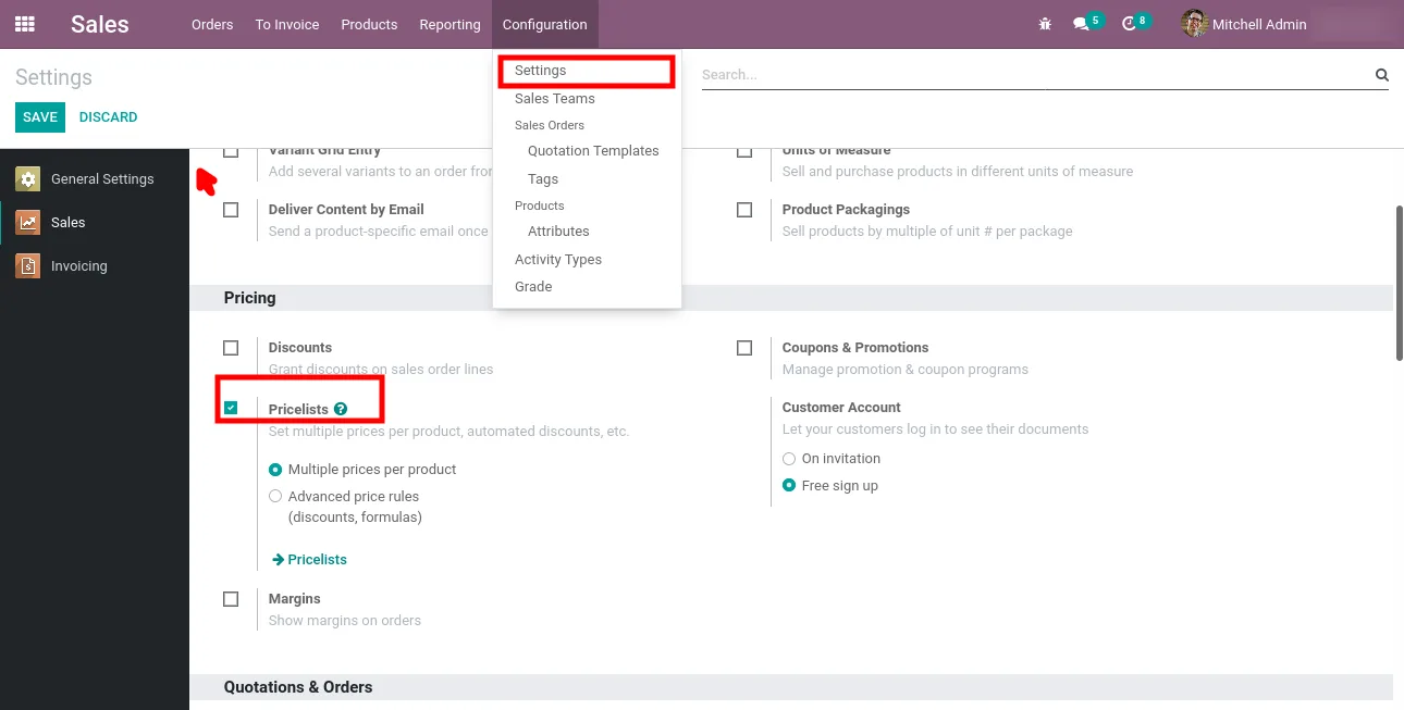 Enabling sales pricelists in the Odoo Sales settings