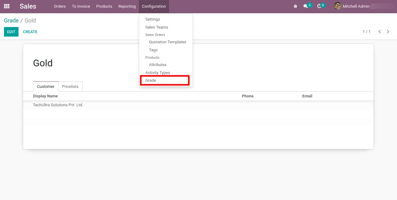 Configuring customer grades in Odoo for the Pricelists Grade module