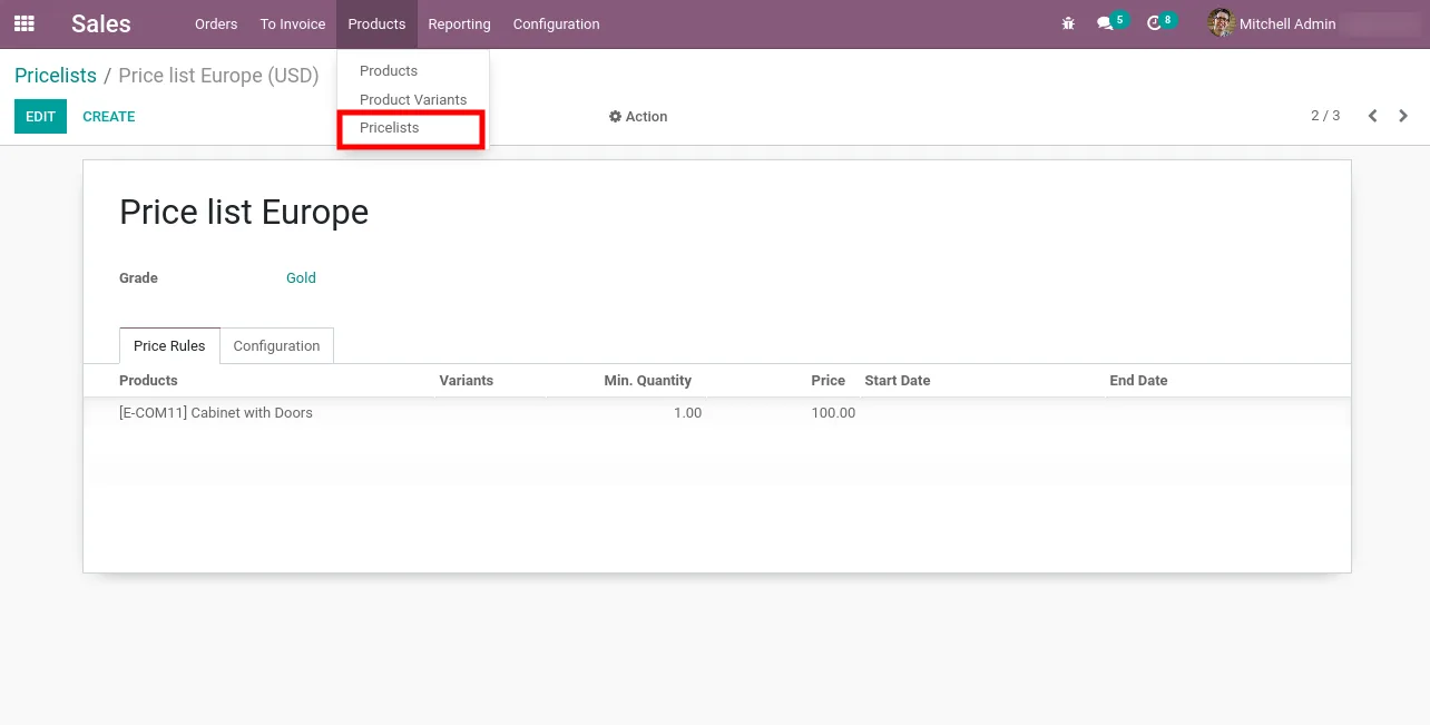 Linking a sales pricelist to a customer grade in Odoo