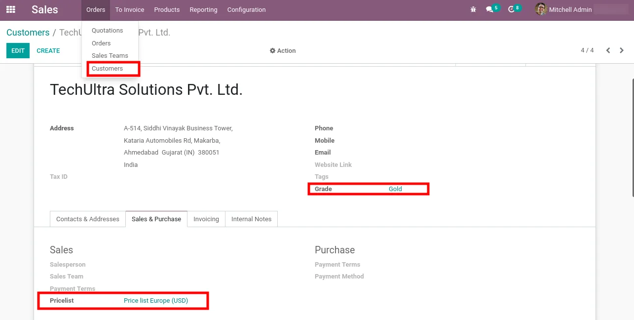 Assigning a grade to a customer record in Odoo Contacts