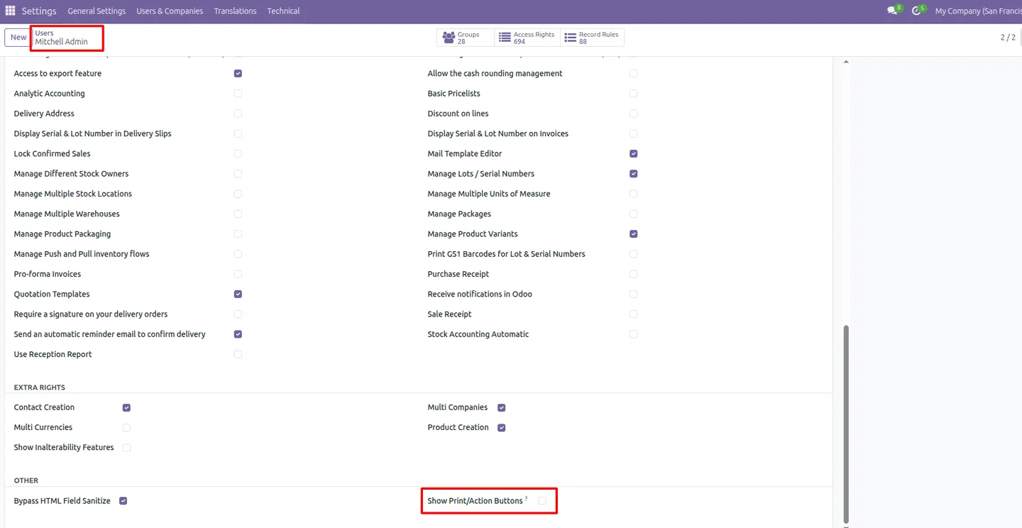 Print & Action Buttons Access module in the Odoo Apps list, ready to install