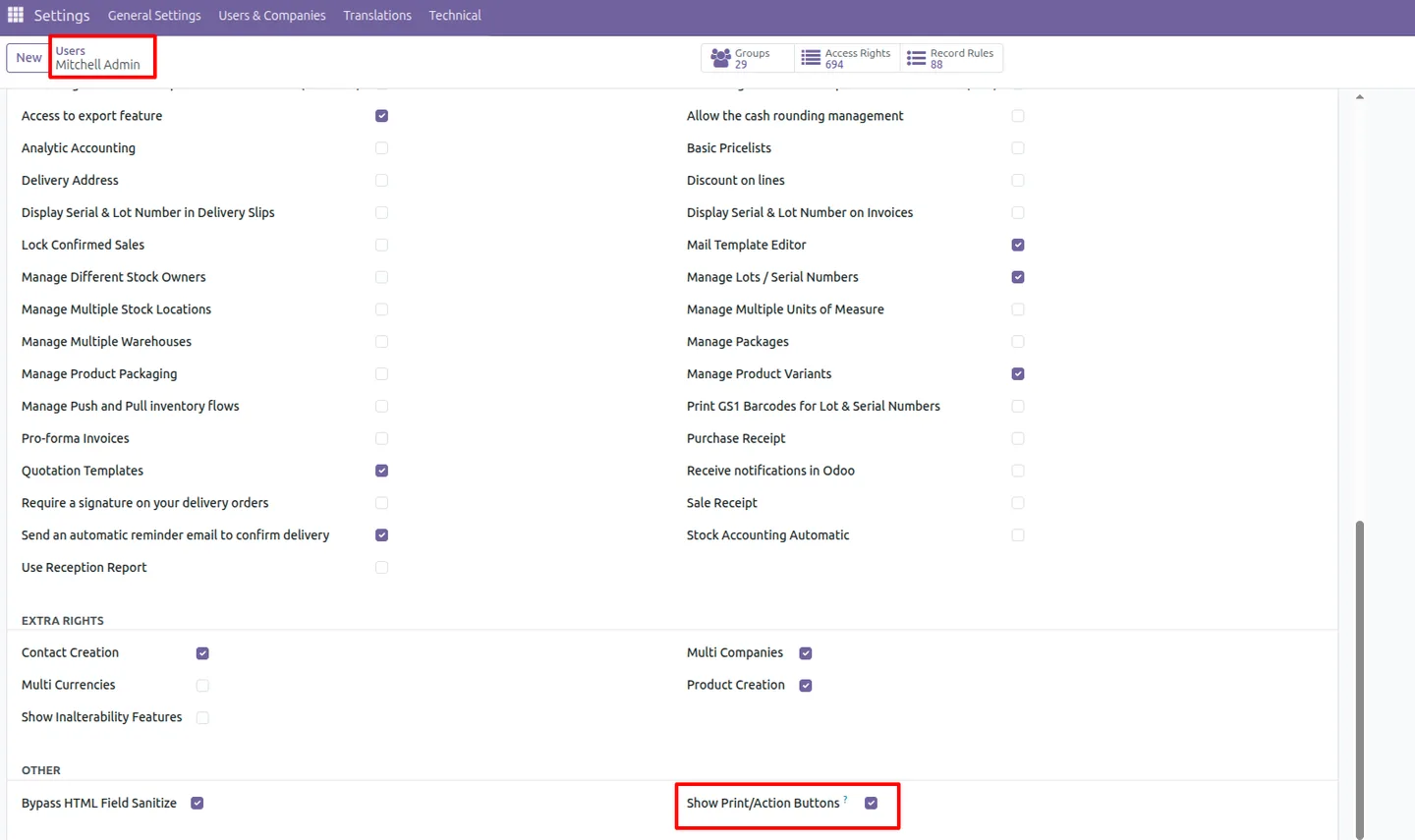 Odoo form view with the Print and Action buttons hidden for a restricted user