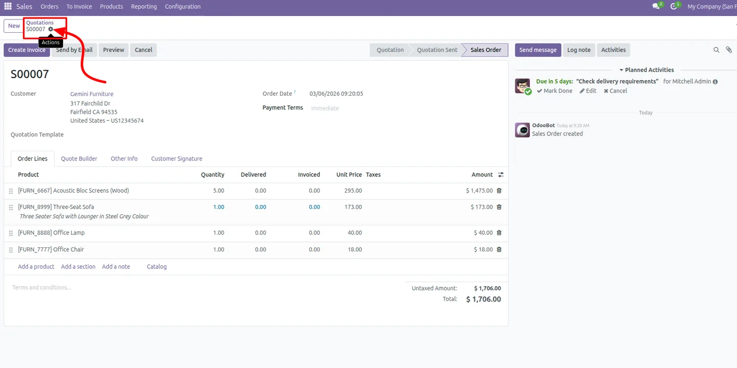 Settings gear icon hidden alongside the Print and Action buttons in Odoo