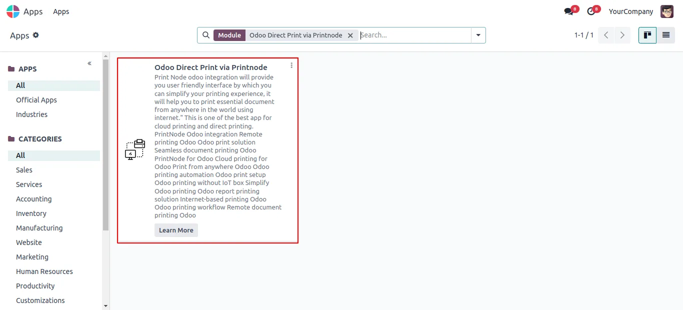 PrintNode Direct Print account configuration connecting Odoo to the PrintNode service