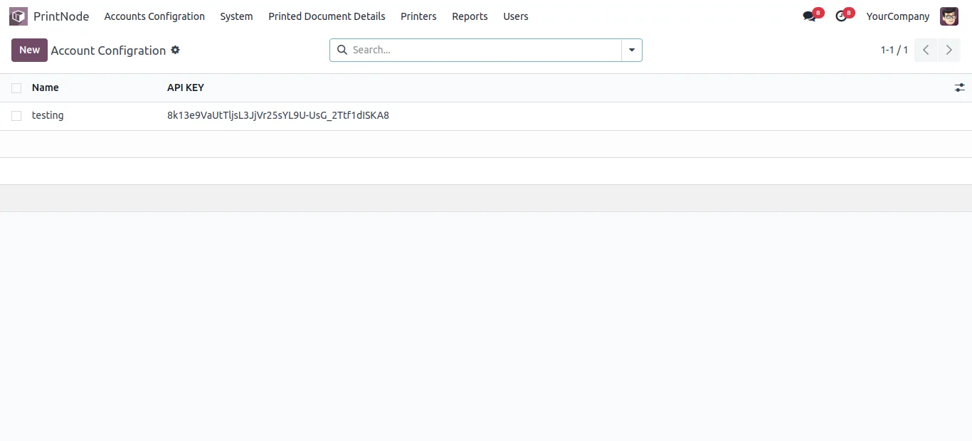 PrintNode system configuration screen with auto-discovered printers in Odoo