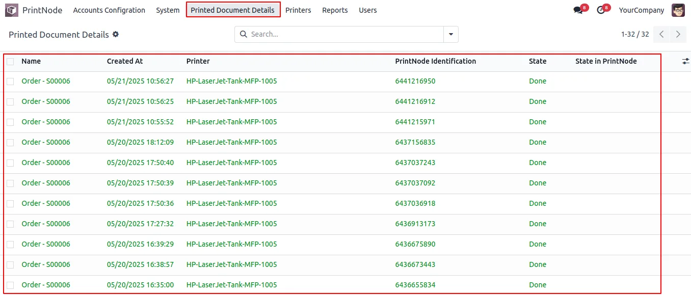 Per-report PrintNode print rules configured on an Odoo report