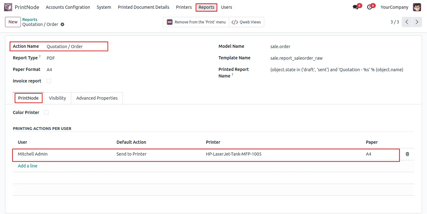 The dedicated PrintNode management app inside Odoo