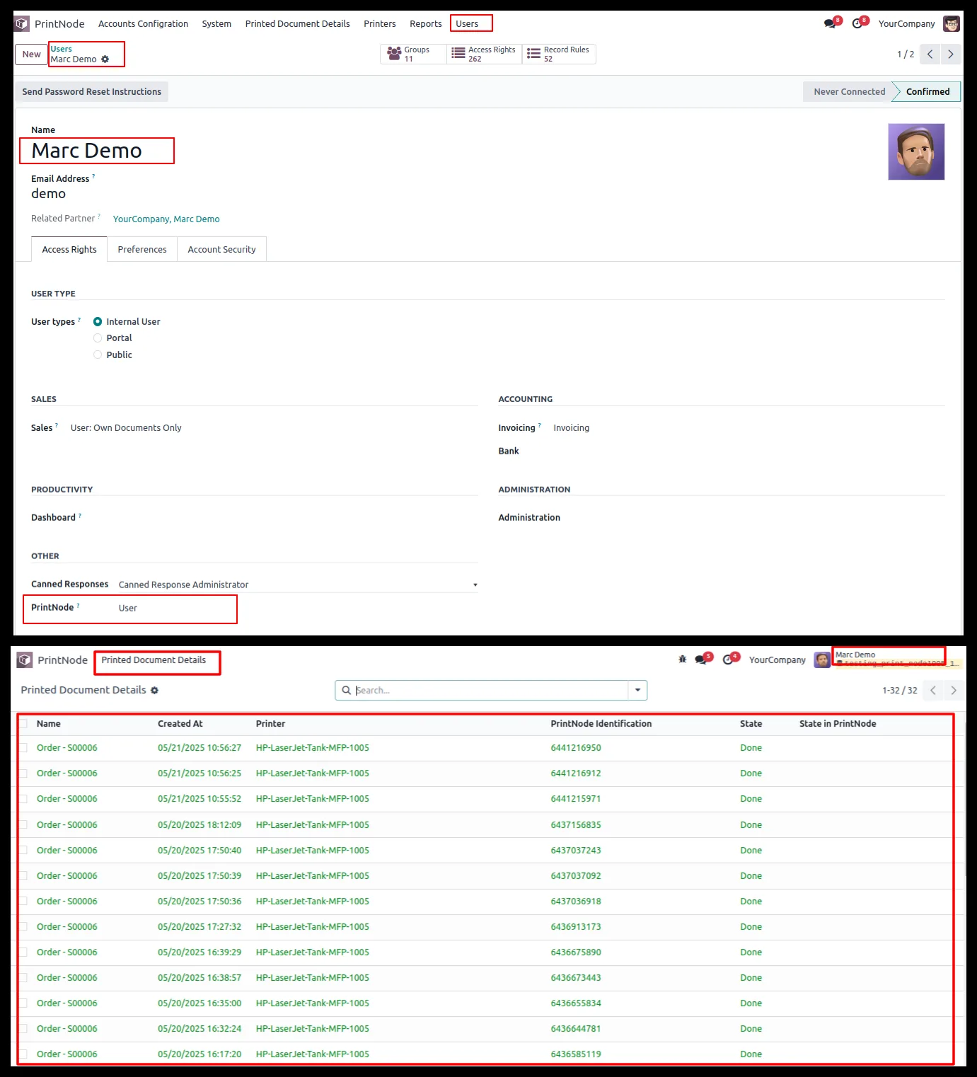 PrintNode printed-document history and activity tracking in Odoo