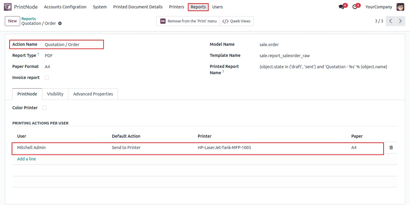 Configuring a default colour printer for an Odoo report with PrintNode