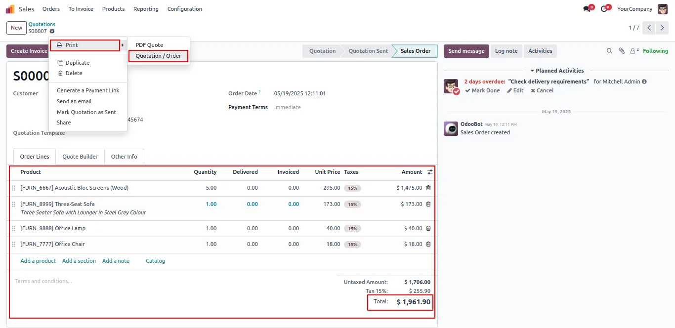 PrintNode Direct Print routing a sales order to a networked printer from Odoo