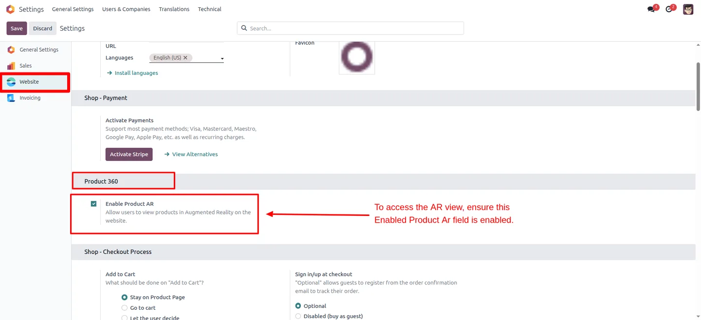 The floating View in AR button on an Odoo product page
