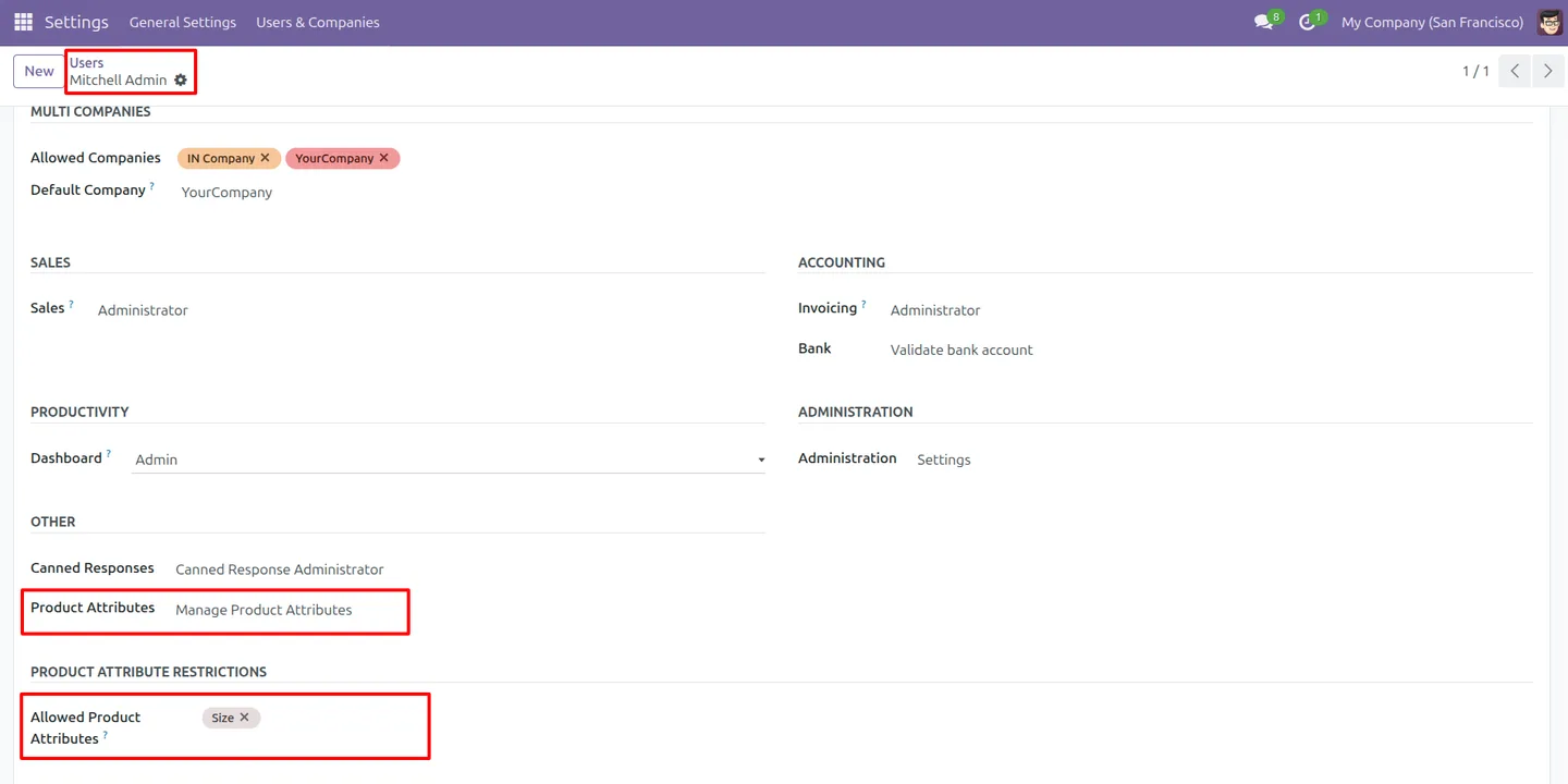 Configuring allowed product attributes on an Odoo user record