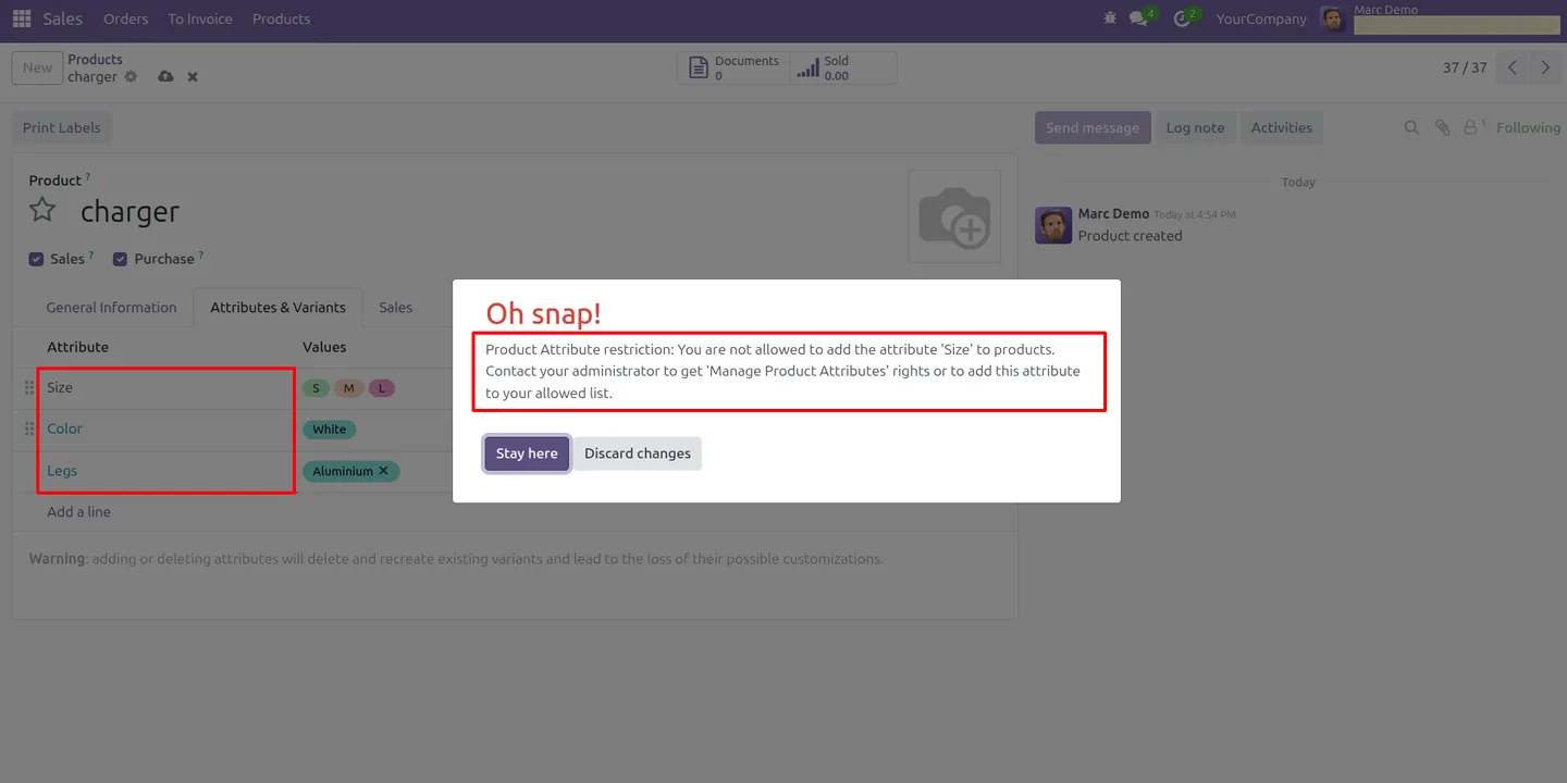 Real-time validation blocking a restricted product attribute in Odoo