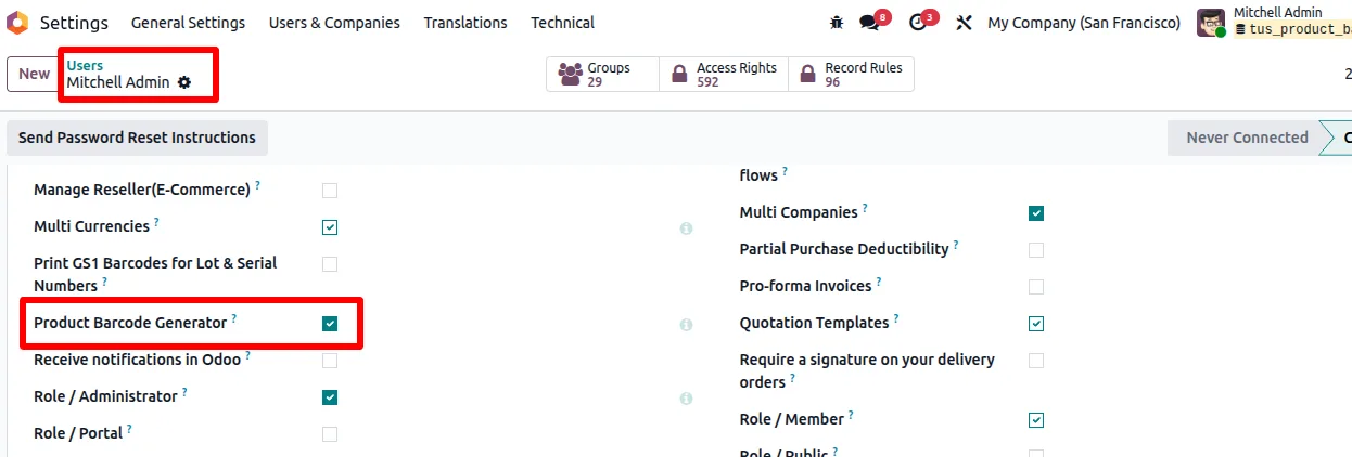 Product Barcode Generator access rights enabled on an Odoo user record