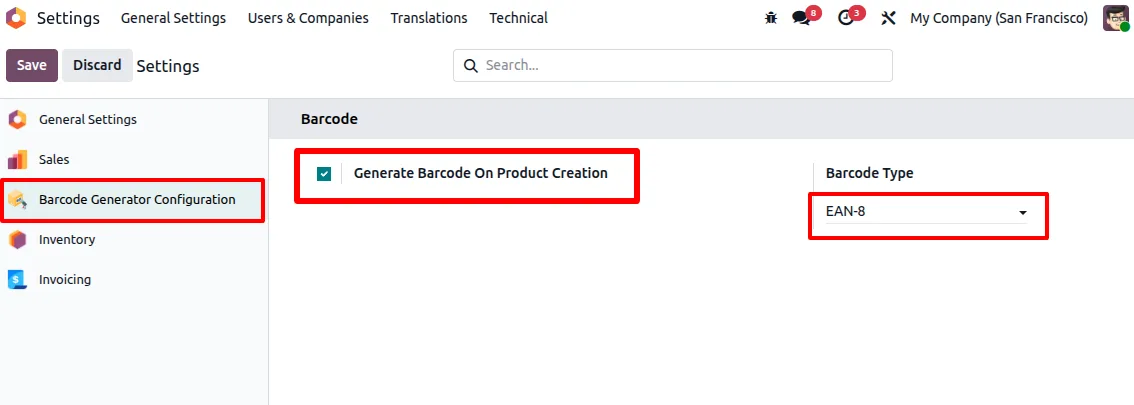 Barcode Generator configuration settings inside Odoo