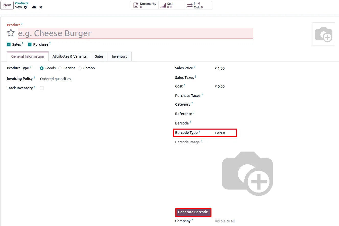 Default barcode type pre-populated on a new Odoo product record