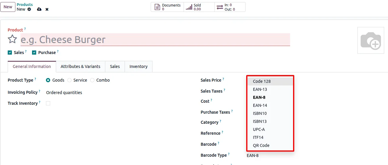 Supported barcode types listed in the Odoo Product Barcode Generator
