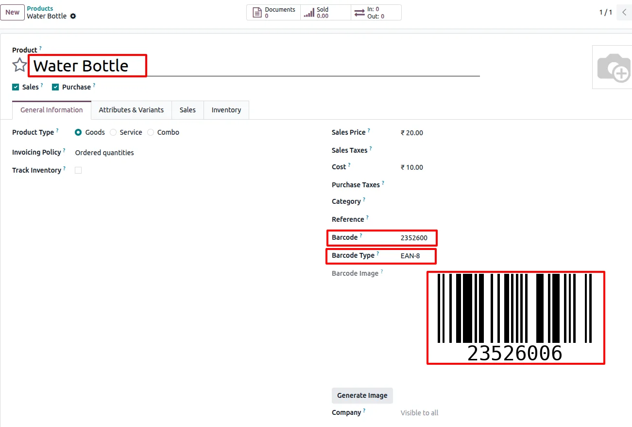 Default barcode generated automatically on an Odoo product record