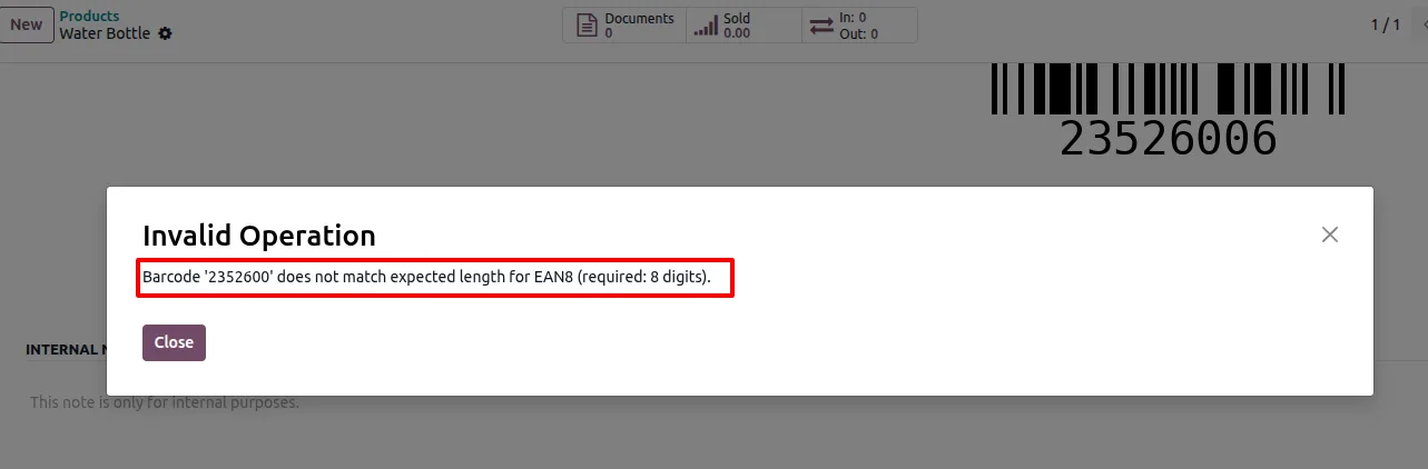Validation error when an invalid barcode length is entered in Odoo