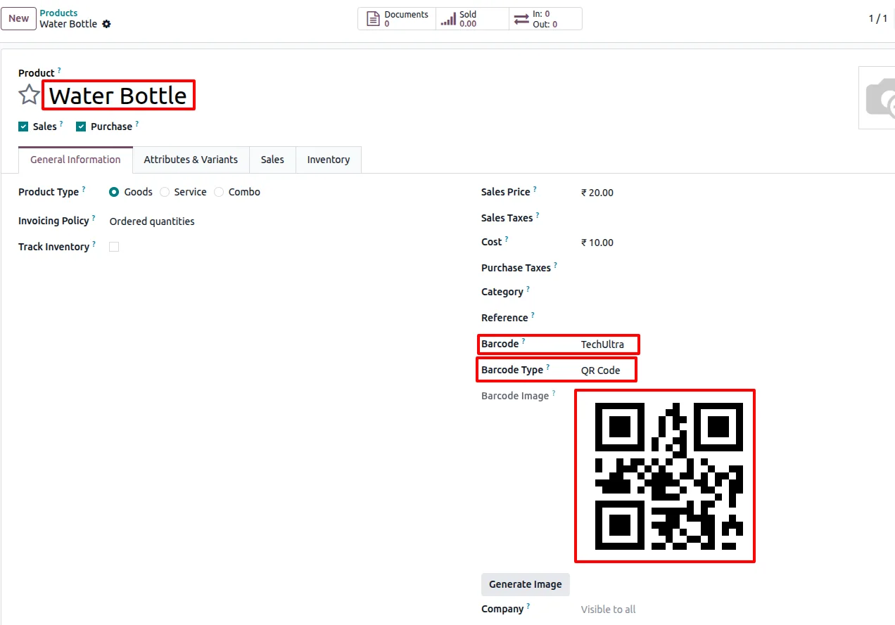 QR code generated from the product name in Odoo