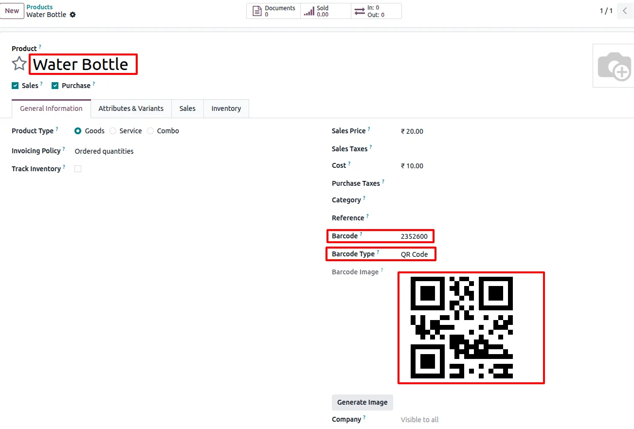 QR code generated from the product internal number in Odoo