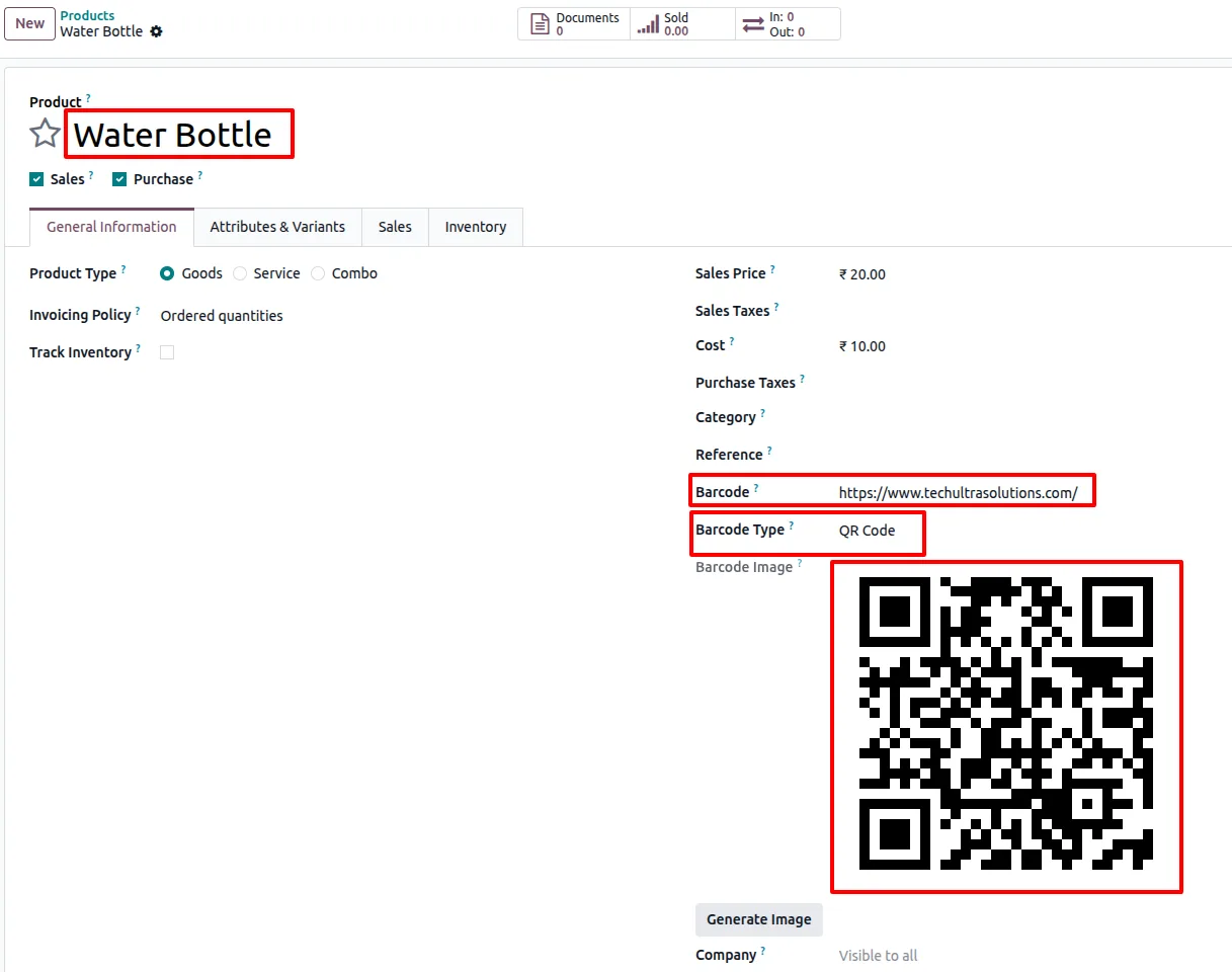 QR code generated from a URL on an Odoo product record