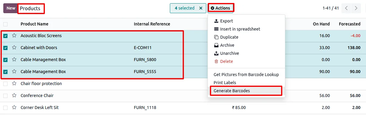 Generating barcodes in bulk for multiple selected Odoo products