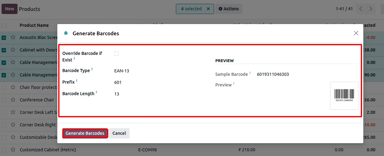 Bulk barcode generation wizard with prefix, length, and type settings in Odoo
