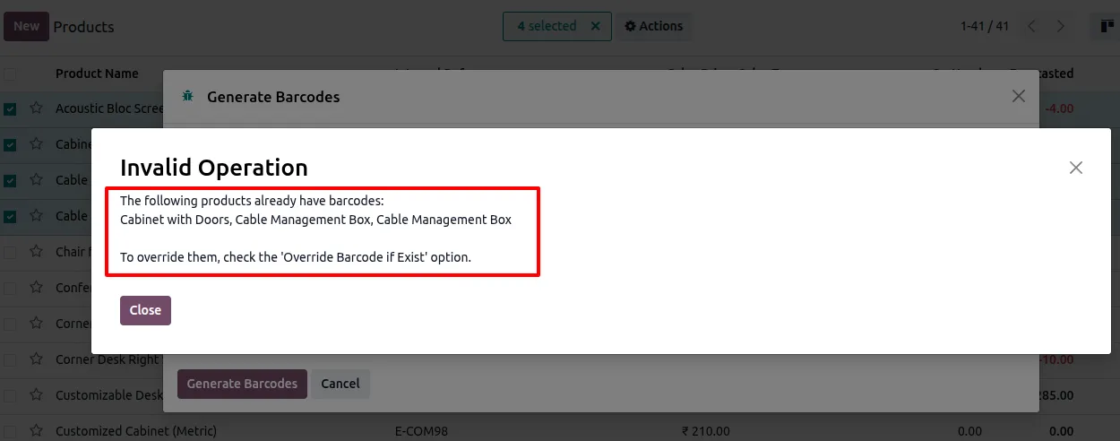 Validation error displayed during bulk barcode generation in Odoo