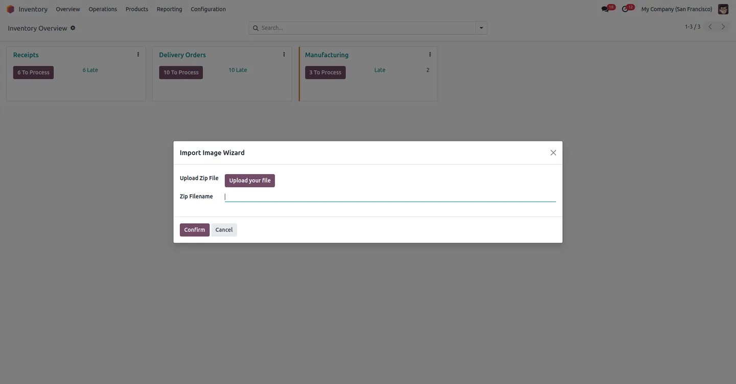 Opening the Product Image Import menu in the Odoo Inventory app