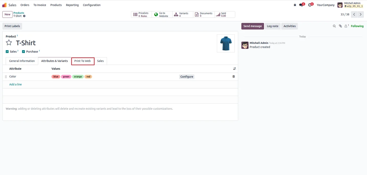 Odoo product page with the Customize Design button enabled by Product Personalizer