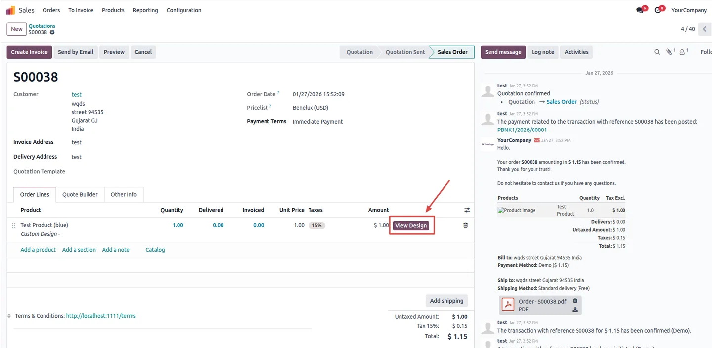 Sales manager opening View Design from an Odoo sales order