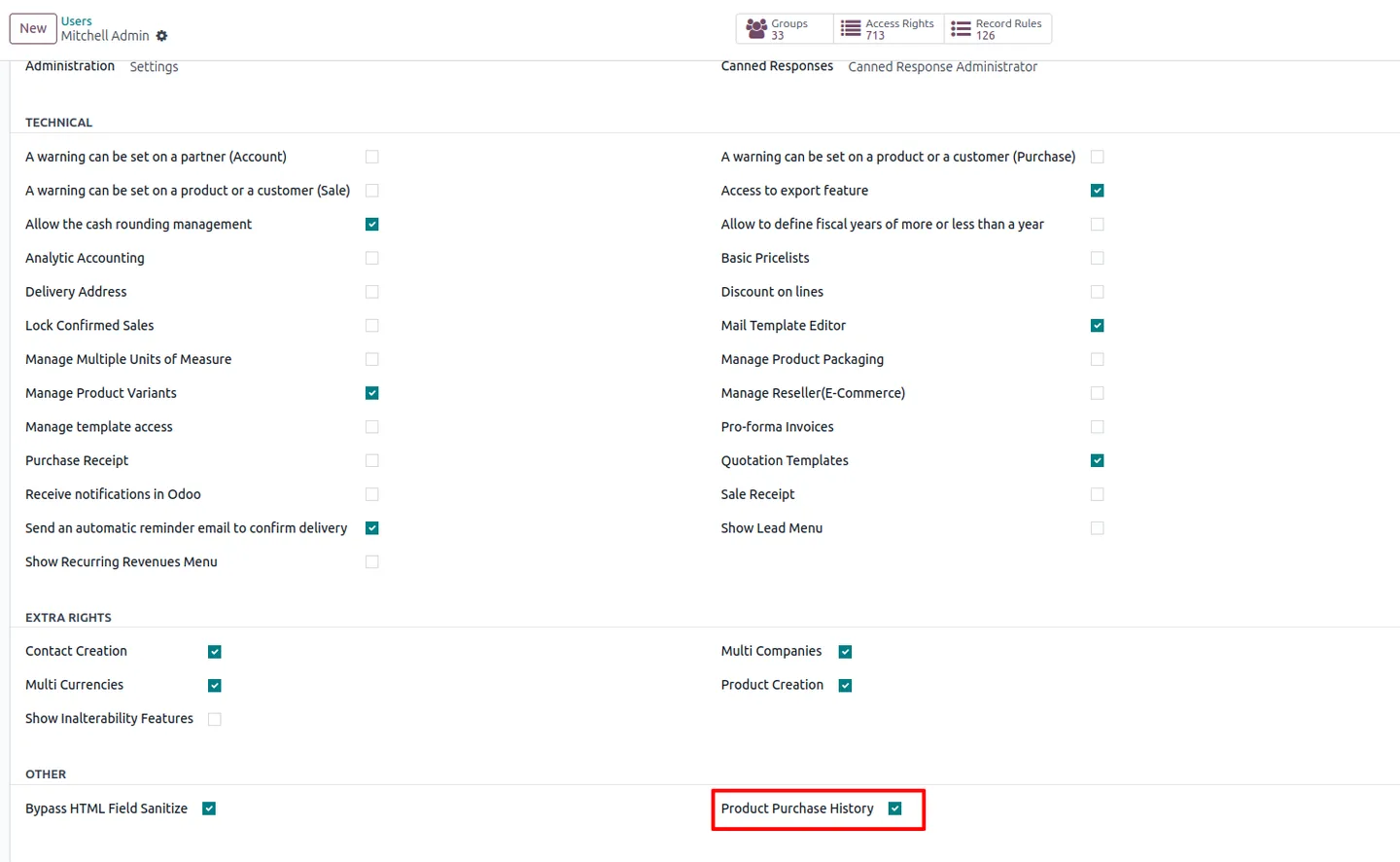Enabling the Product Purchase History access toggle on an Odoo user record