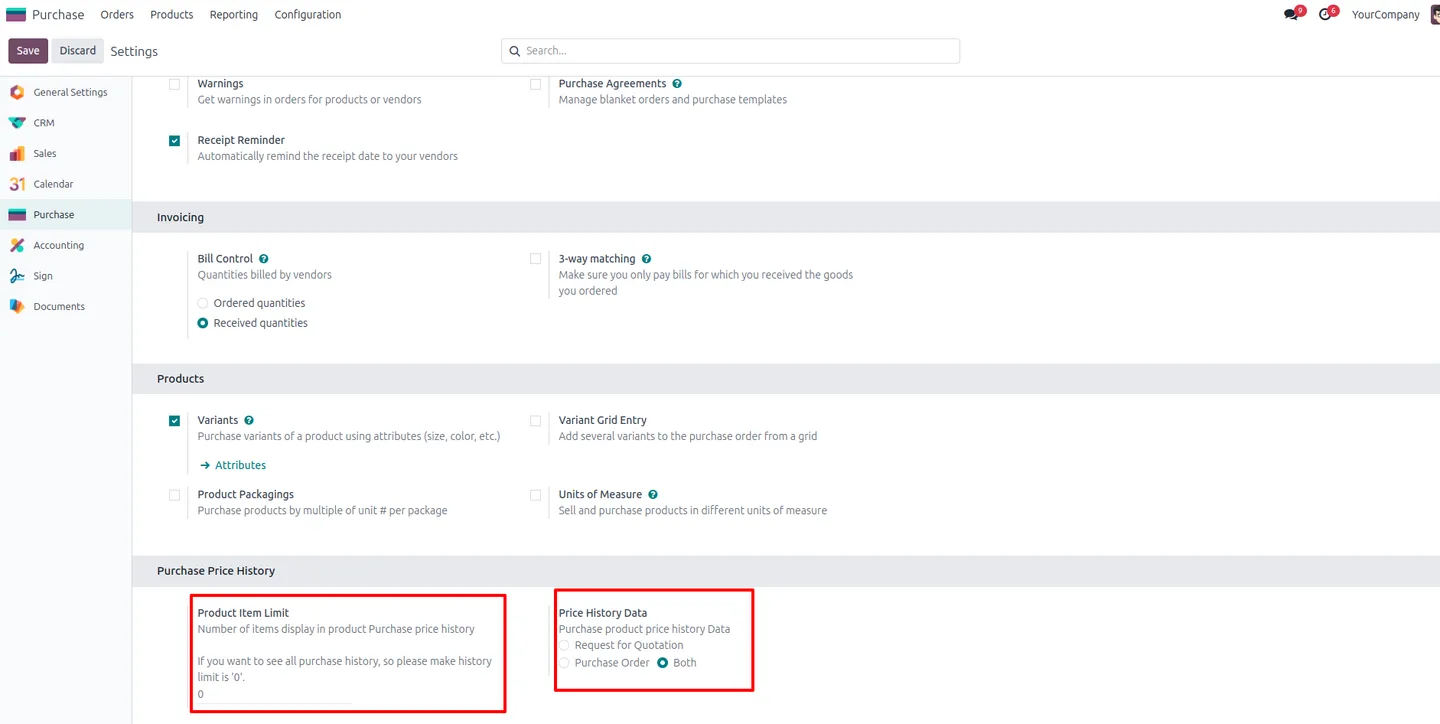 Purchase configuration screen with Product Item Limit and Price History Data settings