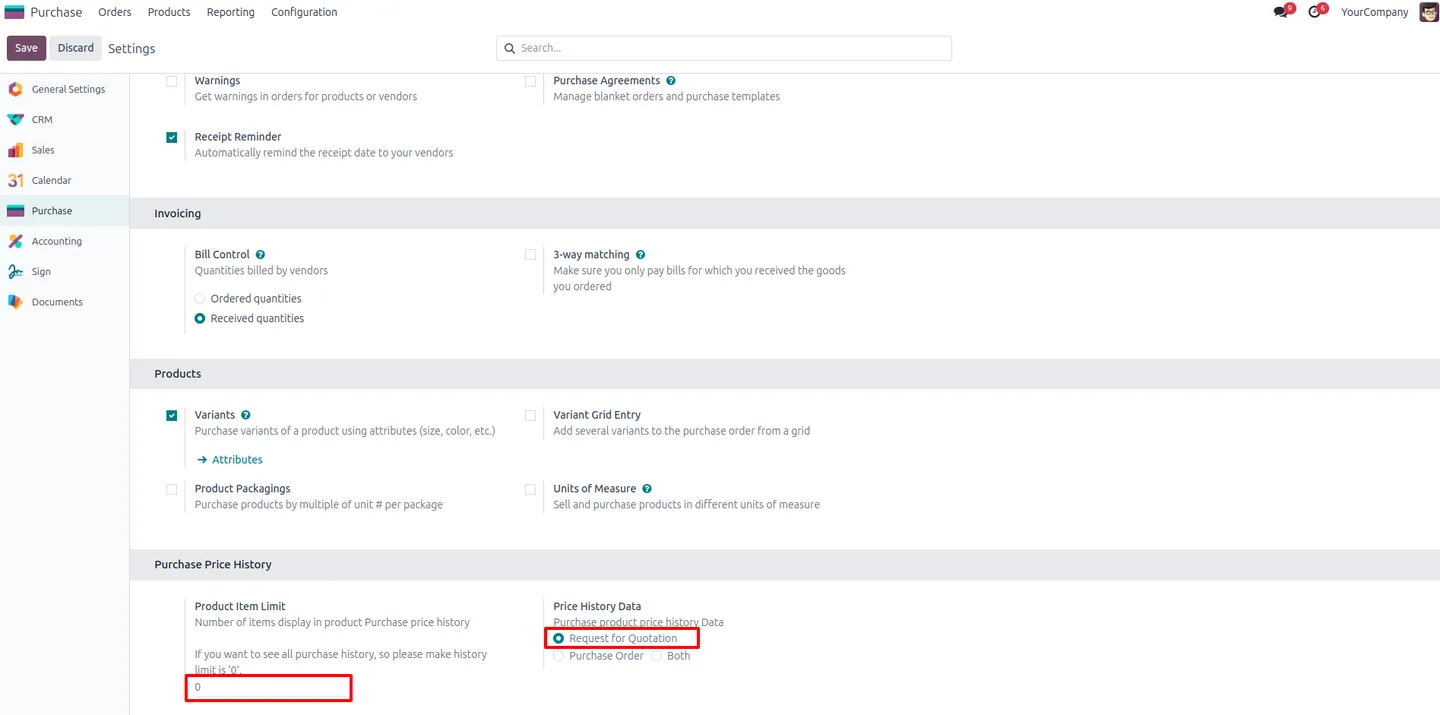 Purchase configuration set to zero limit and Request for Quotation as the history source