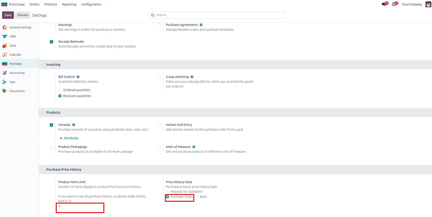 Purchase configuration set to zero limit and Purchase Order as the history source