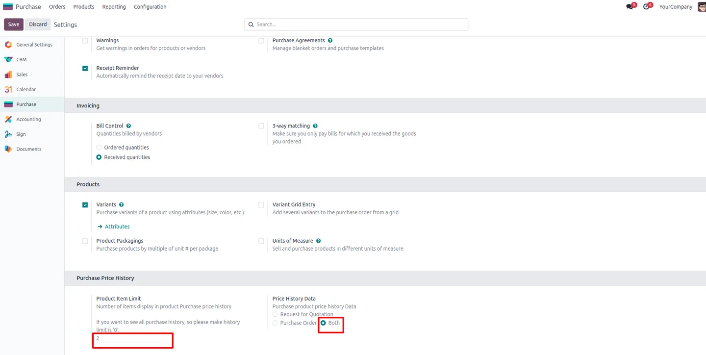 Purchase configuration set to a two-item limit with Both as the history source