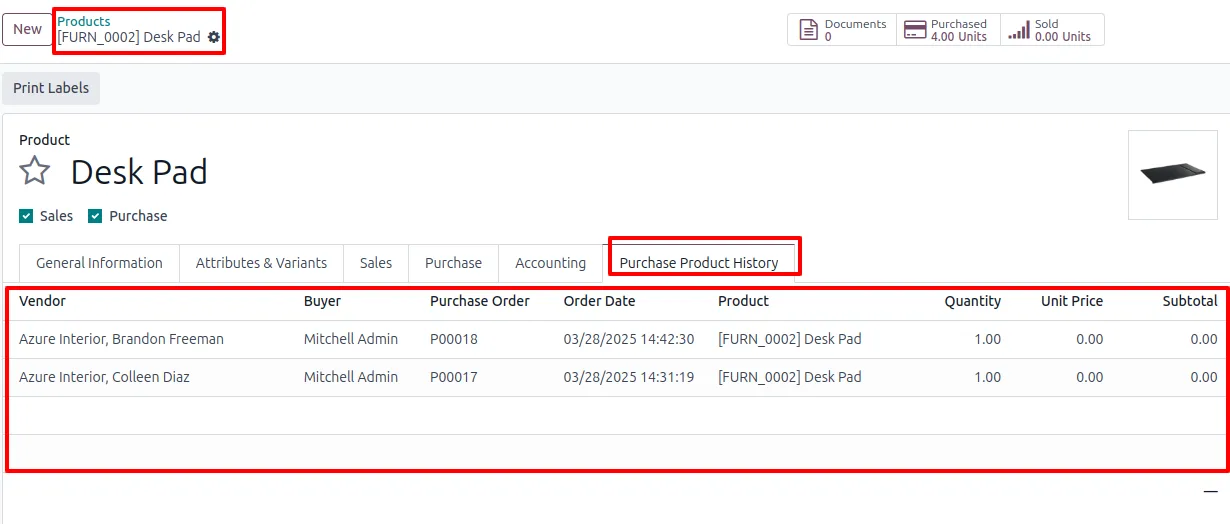 Two most recent historical prices shown on a PO line with the two-item limit applied